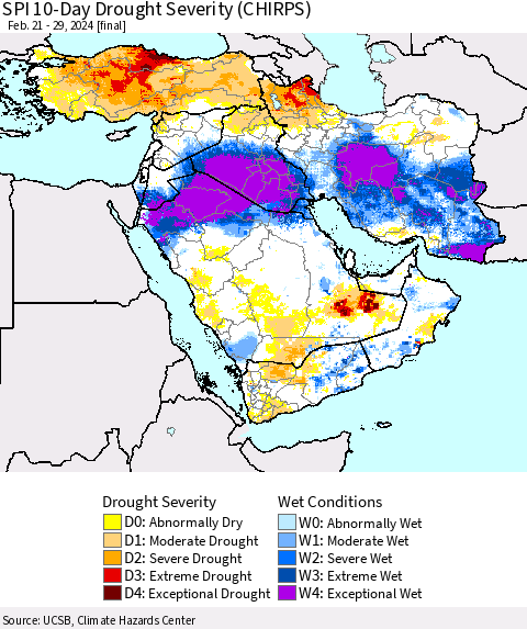 Middle East and Turkey SPI 10-Day Drought Severity (CHIRPS) Thematic Map For 2/21/2024 - 2/29/2024
