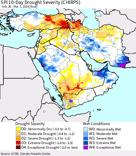Middle East and Turkey SPI 10-Day Drought Severity (CHIRPS) Thematic Map For 2/26/2024 - 3/5/2024