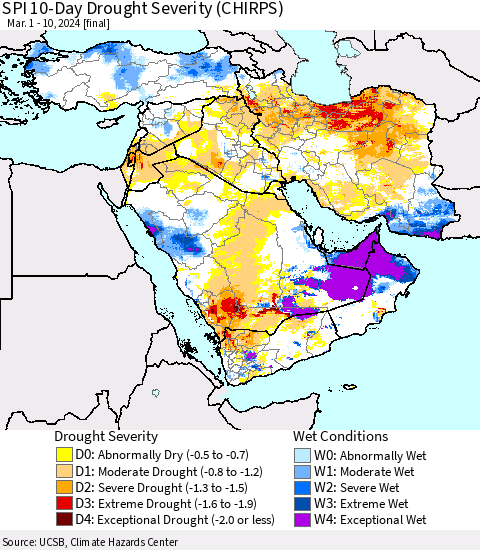 Middle East and Turkey SPI 10-Day Drought Severity (CHIRPS) Thematic Map For 3/1/2024 - 3/10/2024