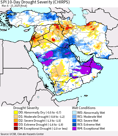Middle East and Turkey SPI 10-Day Drought Severity (CHIRPS) Thematic Map For 3/6/2024 - 3/15/2024