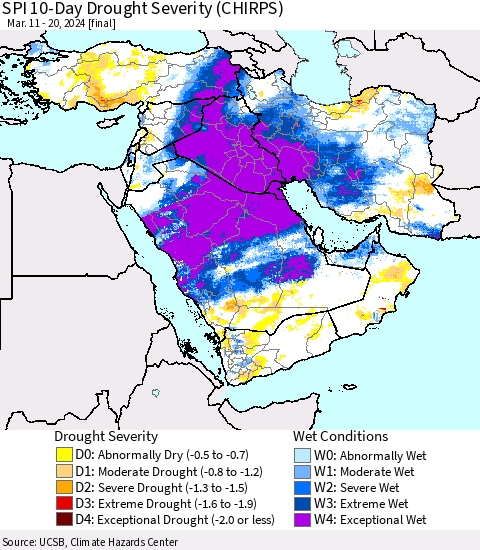 Middle East and Turkey SPI 10-Day Drought Severity (CHIRPS) Thematic Map For 3/11/2024 - 3/20/2024