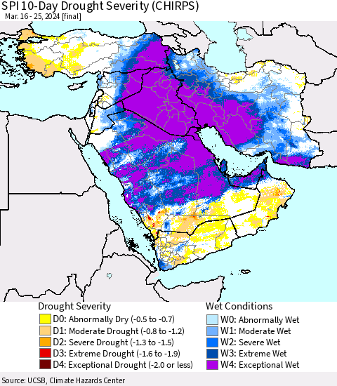 Middle East and Turkey SPI 10-Day Drought Severity (CHIRPS) Thematic Map For 3/16/2024 - 3/25/2024