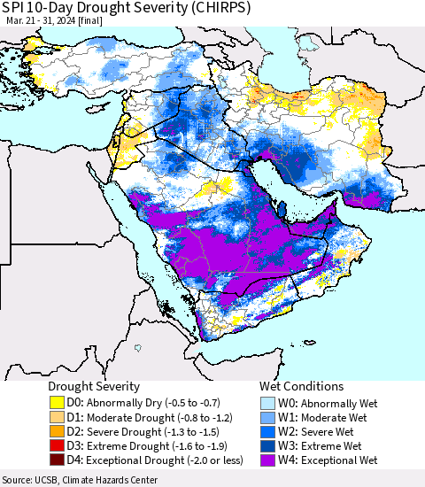 Middle East and Turkey SPI 10-Day Drought Severity (CHIRPS) Thematic Map For 3/21/2024 - 3/31/2024
