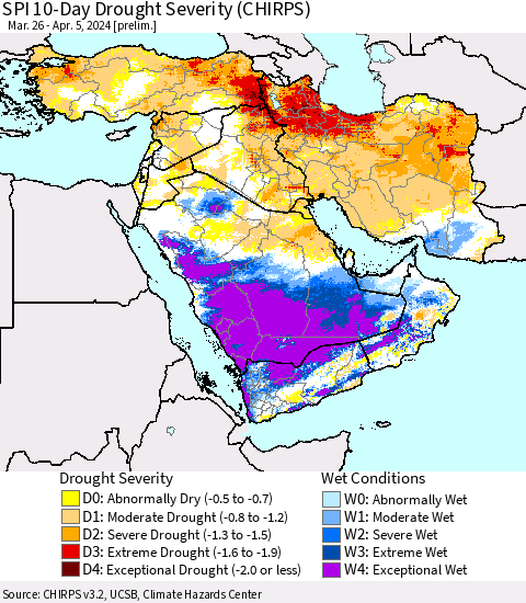 Middle East and Turkey SPI 10-Day Drought Severity (CHIRPS) Thematic Map For 3/26/2024 - 4/5/2024