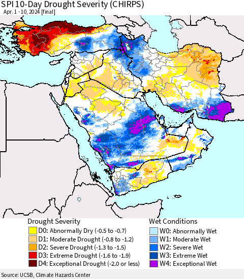 Middle East and Turkey SPI 10-Day Drought Severity (CHIRPS) Thematic Map For 4/1/2024 - 4/10/2024