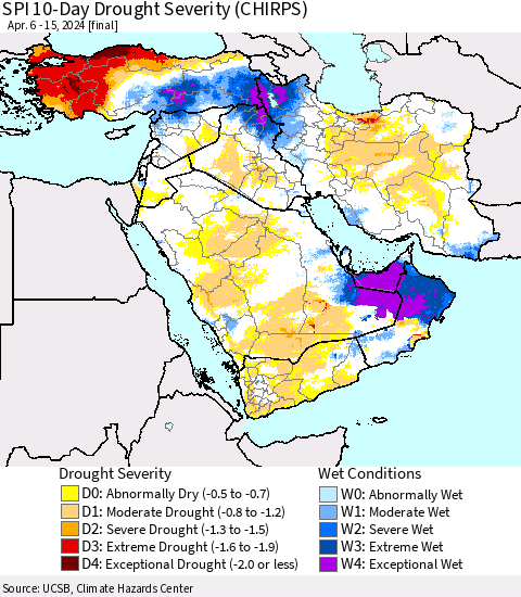 Middle East and Turkey SPI 10-Day Drought Severity (CHIRPS) Thematic Map For 4/6/2024 - 4/15/2024