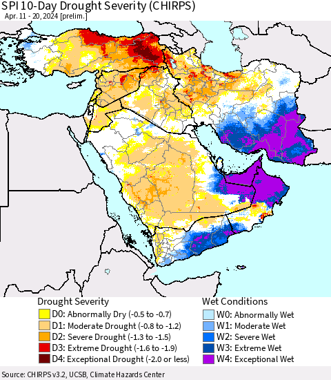 Middle East and Turkey SPI 10-Day Drought Severity (CHIRPS) Thematic Map For 4/11/2024 - 4/20/2024