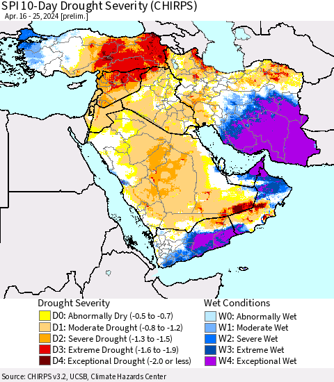 Middle East and Turkey SPI 10-Day Drought Severity (CHIRPS) Thematic Map For 4/16/2024 - 4/25/2024