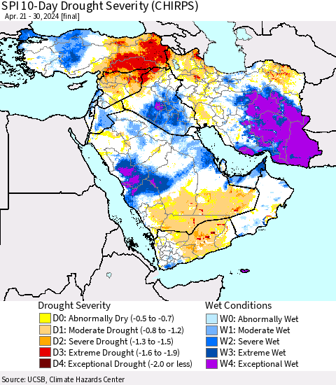 Middle East and Turkey SPI 10-Day Drought Severity (CHIRPS) Thematic Map For 4/21/2024 - 4/30/2024