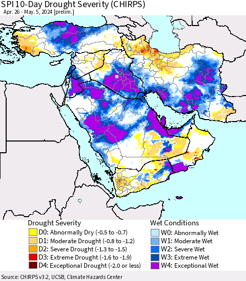 Middle East and Turkey SPI 10-Day Drought Severity (CHIRPS) Thematic Map For 4/26/2024 - 5/5/2024