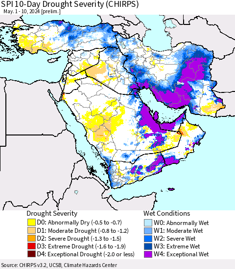Middle East and Turkey SPI 10-Day Drought Severity (CHIRPS) Thematic Map For 5/1/2024 - 5/10/2024
