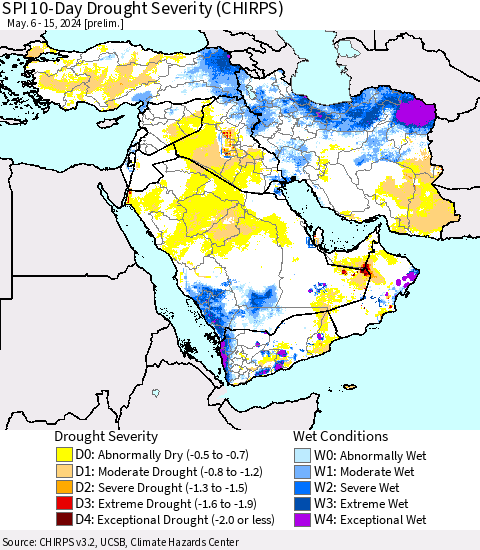 Middle East and Turkey SPI 10-Day Drought Severity (CHIRPS) Thematic Map For 5/6/2024 - 5/15/2024