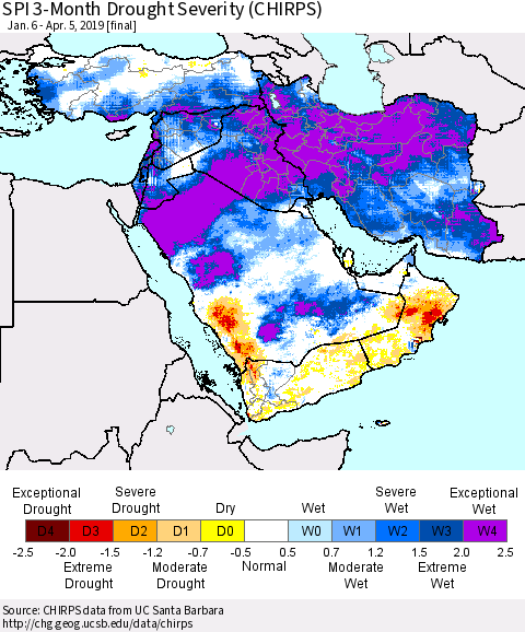 Middle East and Turkey SPI 3-Month Drought Severity (CHIRPS) Thematic Map For 1/6/2019 - 4/5/2019