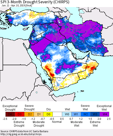 Middle East and Turkey SPI 3-Month Drought Severity (CHIRPS) Thematic Map For 1/11/2019 - 4/10/2019