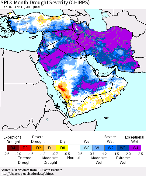 Middle East and Turkey SPI 3-Month Drought Severity (CHIRPS) Thematic Map For 1/16/2019 - 4/15/2019