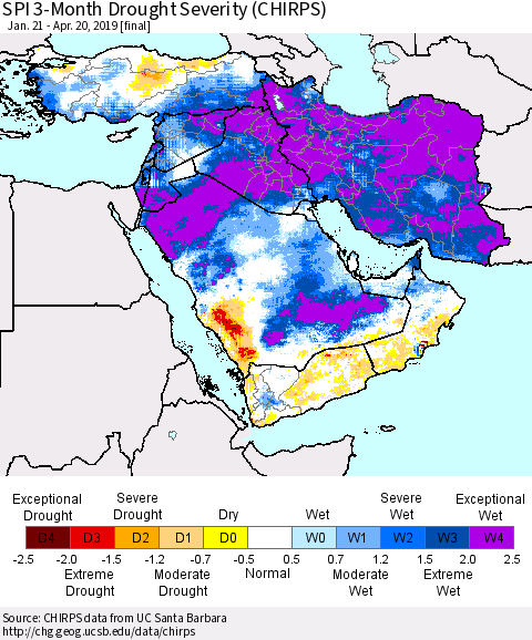 Middle East and Turkey SPI 3-Month Drought Severity (CHIRPS) Thematic Map For 1/21/2019 - 4/20/2019