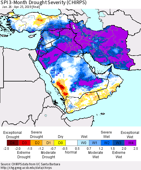Middle East and Turkey SPI 3-Month Drought Severity (CHIRPS) Thematic Map For 1/26/2019 - 4/25/2019
