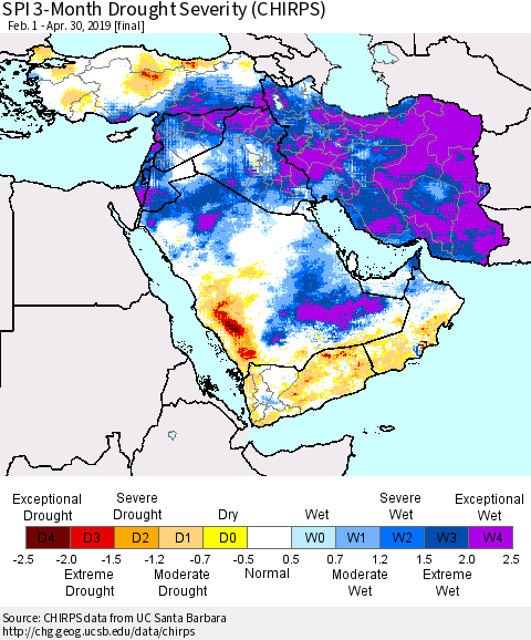 Middle East and Turkey SPI 3-Month Drought Severity (CHIRPS) Thematic Map For 2/1/2019 - 4/30/2019