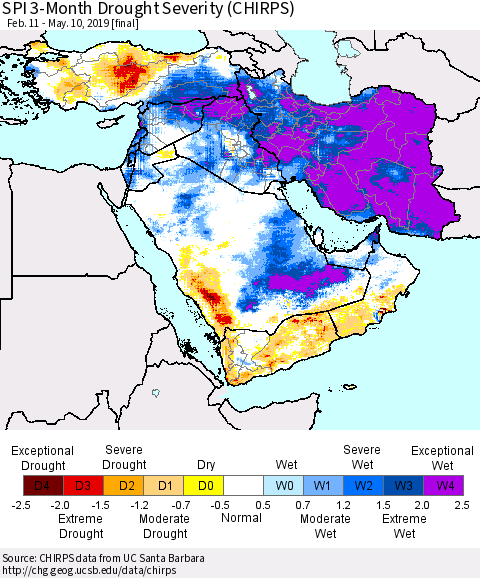 Middle East and Turkey SPI 3-Month Drought Severity (CHIRPS) Thematic Map For 2/11/2019 - 5/10/2019