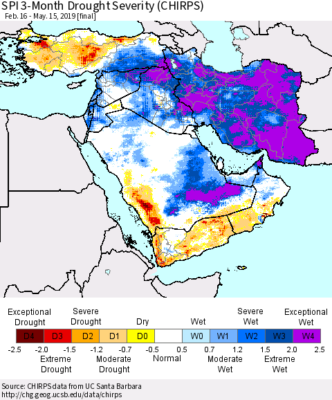 Middle East and Turkey SPI 3-Month Drought Severity (CHIRPS) Thematic Map For 2/16/2019 - 5/15/2019