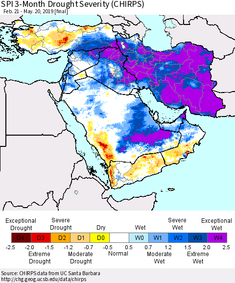 Middle East and Turkey SPI 3-Month Drought Severity (CHIRPS) Thematic Map For 2/21/2019 - 5/20/2019