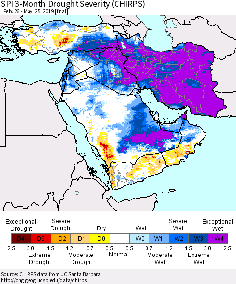 Middle East and Turkey SPI 3-Month Drought Severity (CHIRPS) Thematic Map For 2/26/2019 - 5/25/2019