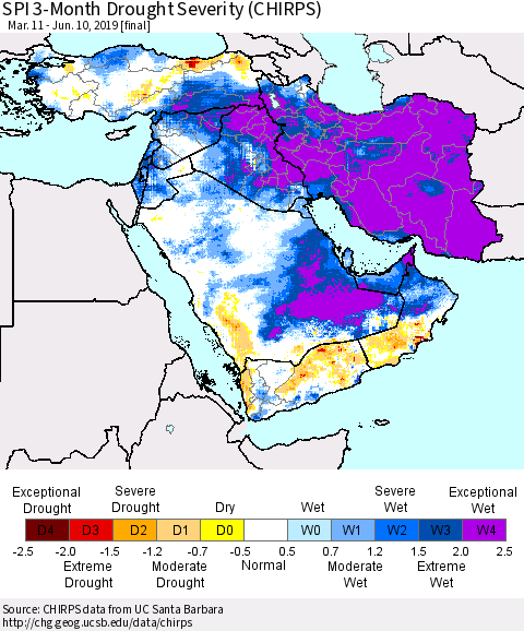 Middle East and Turkey SPI 3-Month Drought Severity (CHIRPS) Thematic Map For 3/11/2019 - 6/10/2019