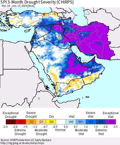 Middle East and Turkey SPI 3-Month Drought Severity (CHIRPS) Thematic Map For 3/16/2019 - 6/15/2019