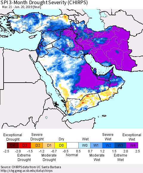 Middle East and Turkey SPI 3-Month Drought Severity (CHIRPS) Thematic Map For 3/21/2019 - 6/20/2019