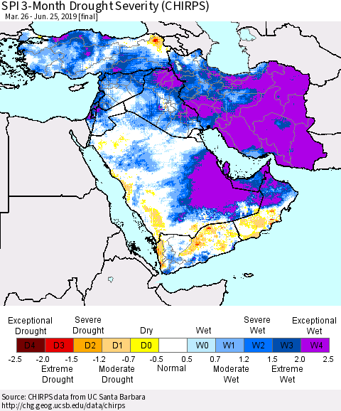 Middle East and Turkey SPI 3-Month Drought Severity (CHIRPS) Thematic Map For 3/26/2019 - 6/25/2019