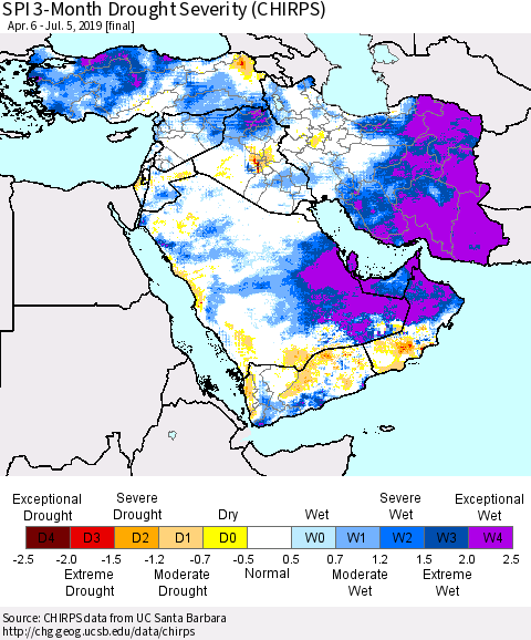 Middle East and Turkey SPI 3-Month Drought Severity (CHIRPS) Thematic Map For 4/6/2019 - 7/5/2019