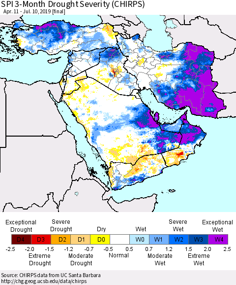 Middle East and Turkey SPI 3-Month Drought Severity (CHIRPS) Thematic Map For 4/11/2019 - 7/10/2019