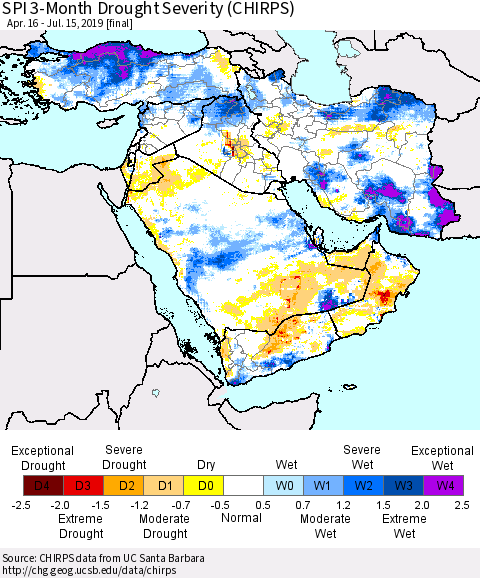 Middle East and Turkey SPI 3-Month Drought Severity (CHIRPS) Thematic Map For 4/16/2019 - 7/15/2019