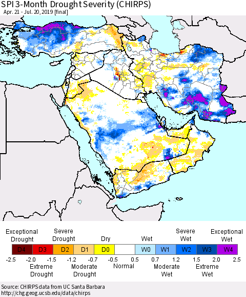 Middle East and Turkey SPI 3-Month Drought Severity (CHIRPS) Thematic Map For 4/21/2019 - 7/20/2019