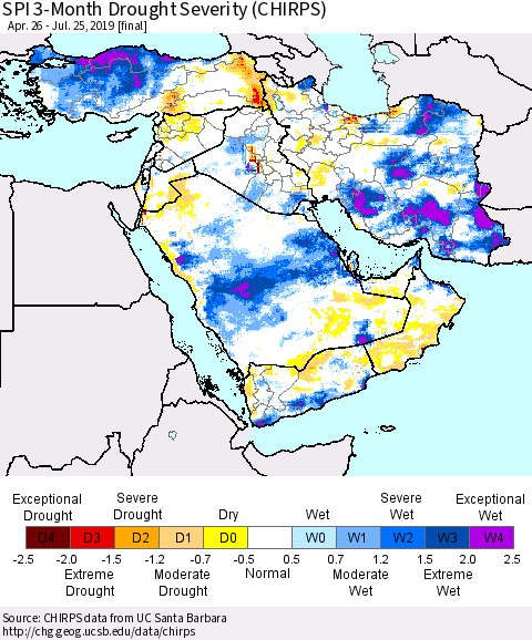 Middle East and Turkey SPI 3-Month Drought Severity (CHIRPS) Thematic Map For 4/26/2019 - 7/25/2019