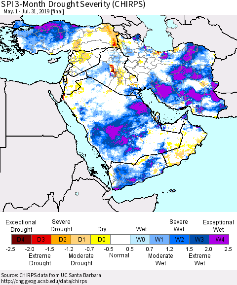 Middle East and Turkey SPI 3-Month Drought Severity (CHIRPS) Thematic Map For 5/1/2019 - 7/31/2019