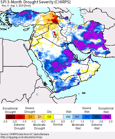 Middle East and Turkey SPI 3-Month Drought Severity (CHIRPS) Thematic Map For 5/6/2019 - 8/5/2019