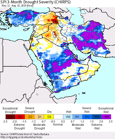 Middle East and Turkey SPI 3-Month Drought Severity (CHIRPS) Thematic Map For 5/11/2019 - 8/10/2019