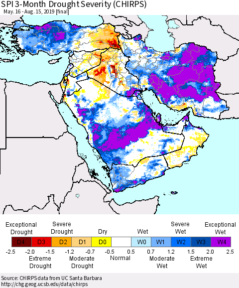 Middle East and Turkey SPI 3-Month Drought Severity (CHIRPS) Thematic Map For 5/16/2019 - 8/15/2019