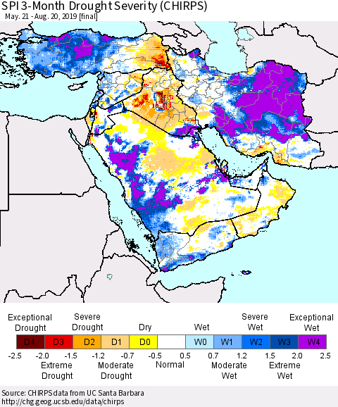 Middle East and Turkey SPI 3-Month Drought Severity (CHIRPS) Thematic Map For 5/21/2019 - 8/20/2019