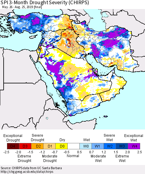 Middle East and Turkey SPI 3-Month Drought Severity (CHIRPS) Thematic Map For 5/26/2019 - 8/25/2019