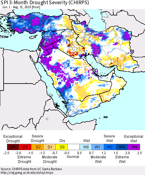 Middle East and Turkey SPI 3-Month Drought Severity (CHIRPS) Thematic Map For 6/1/2019 - 8/31/2019