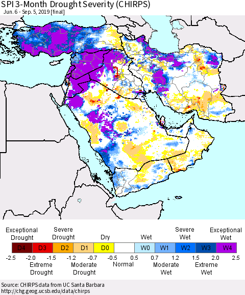 Middle East and Turkey SPI 3-Month Drought Severity (CHIRPS) Thematic Map For 6/6/2019 - 9/5/2019