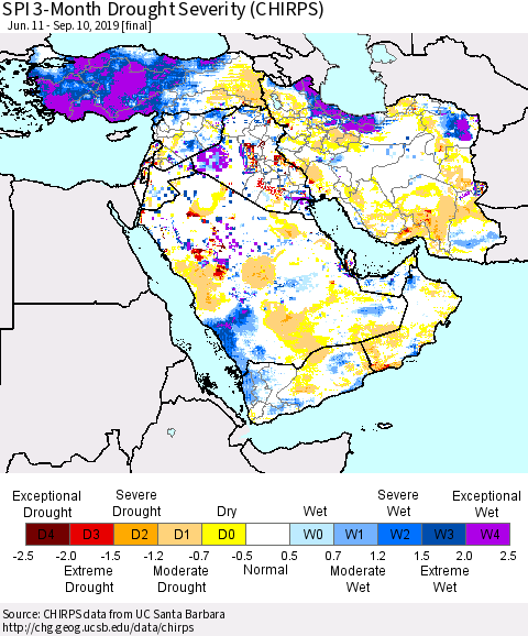 Middle East and Turkey SPI 3-Month Drought Severity (CHIRPS) Thematic Map For 6/11/2019 - 9/10/2019