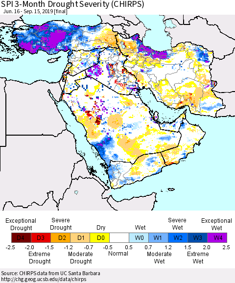 Middle East and Turkey SPI 3-Month Drought Severity (CHIRPS) Thematic Map For 6/16/2019 - 9/15/2019