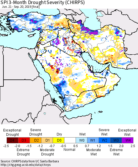 Middle East and Turkey SPI 3-Month Drought Severity (CHIRPS) Thematic Map For 6/21/2019 - 9/20/2019