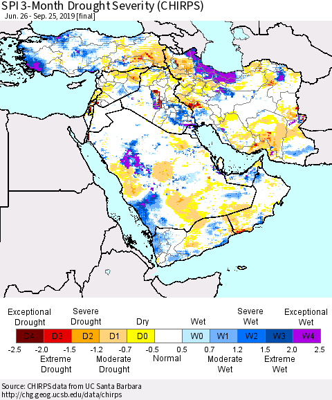 Middle East and Turkey SPI 3-Month Drought Severity (CHIRPS) Thematic Map For 6/26/2019 - 9/25/2019