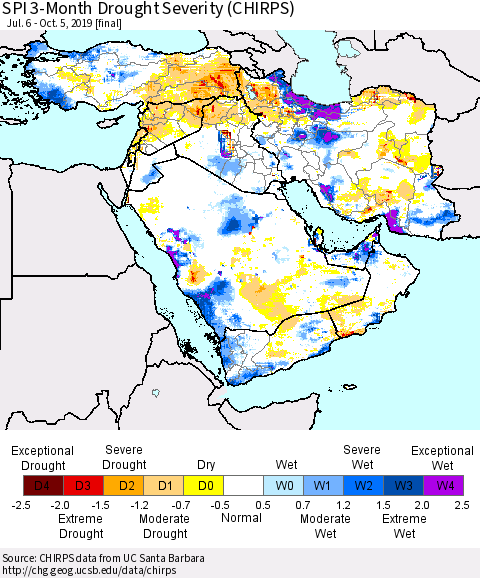Middle East and Turkey SPI 3-Month Drought Severity (CHIRPS) Thematic Map For 7/6/2019 - 10/5/2019