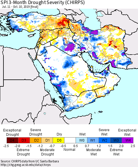 Middle East and Turkey SPI 3-Month Drought Severity (CHIRPS) Thematic Map For 7/11/2019 - 10/10/2019