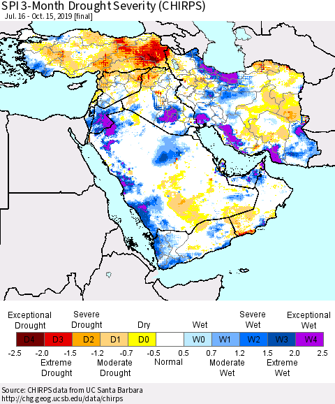Middle East and Turkey SPI 3-Month Drought Severity (CHIRPS) Thematic Map For 7/16/2019 - 10/15/2019